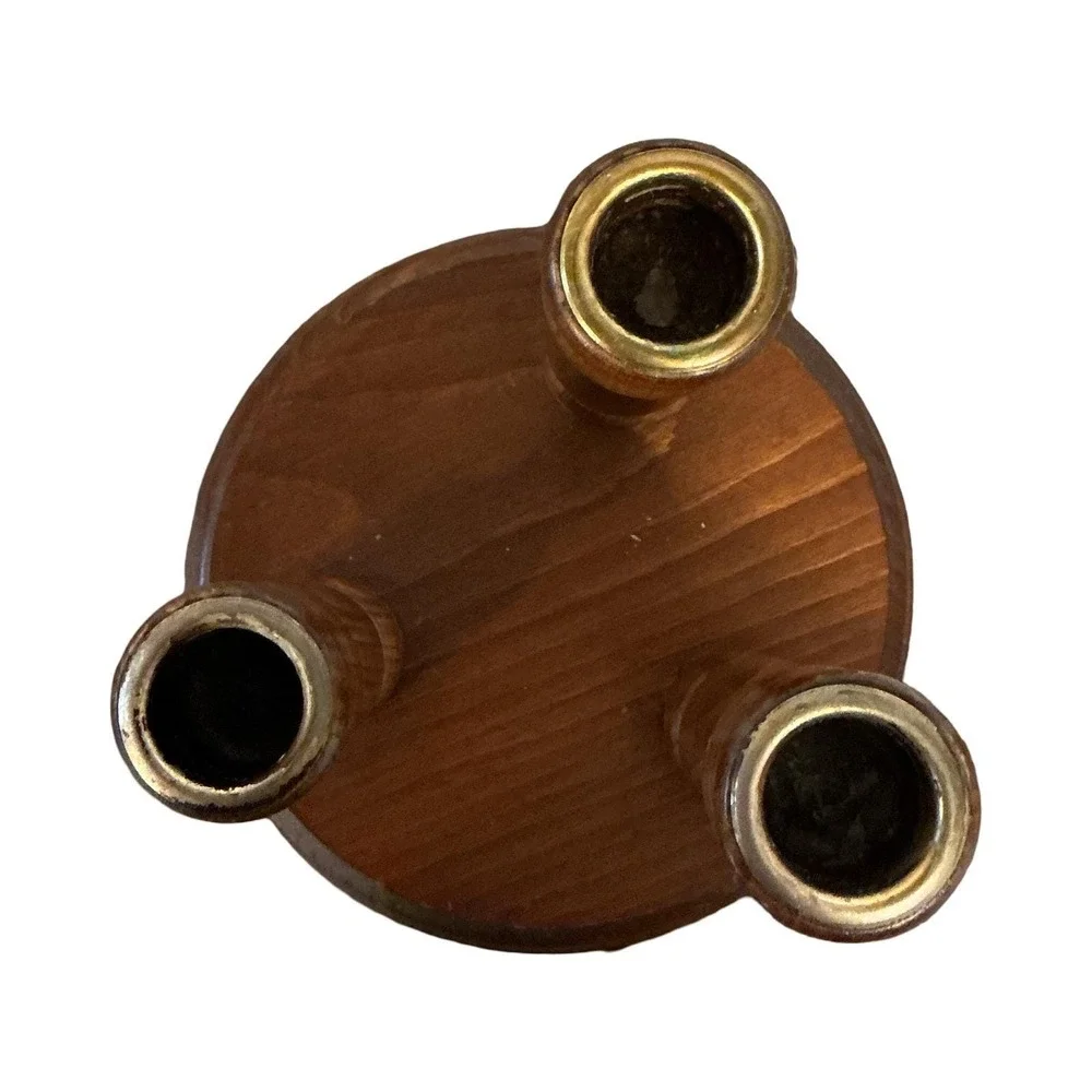 Vintage Wood Triple Taper Candle Holder Tiered‎ Candelabra Brown Brass Accents